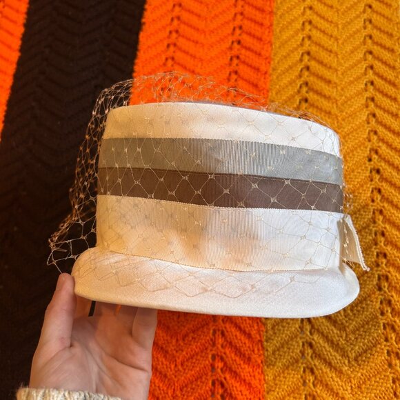 1960s peach basket MOD brown and grey striped birdcage veil hat - made in the us - Picture 13 of 14